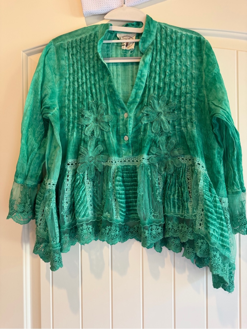 Muche et Muchette Jolene Voile Top Green Cotton Lace Embroidered Boho Blouse OS - Picture 3 of 11